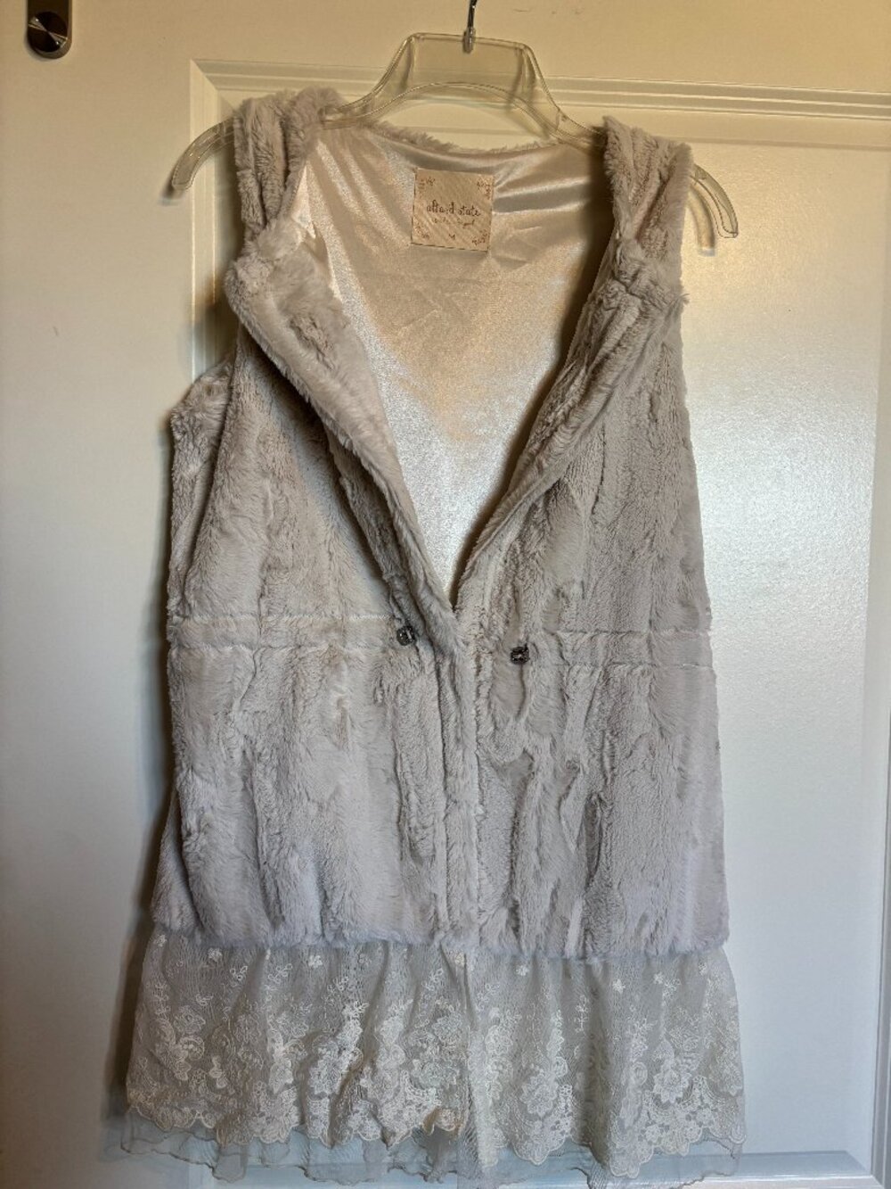 Altar'd State Cream Faux Fur Long Vest with Lace Trim Size M
